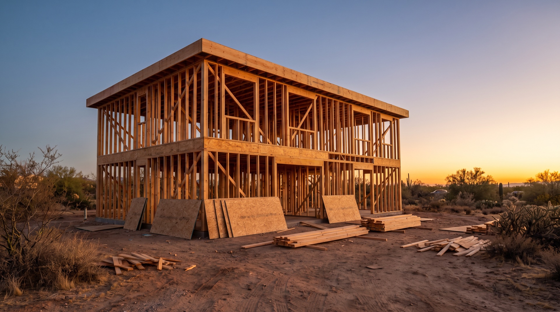 Conventional stick-framed house skeleton at dusk